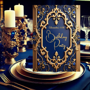 Invitation Fête d'anniversaire élégante grenat bleu or orné