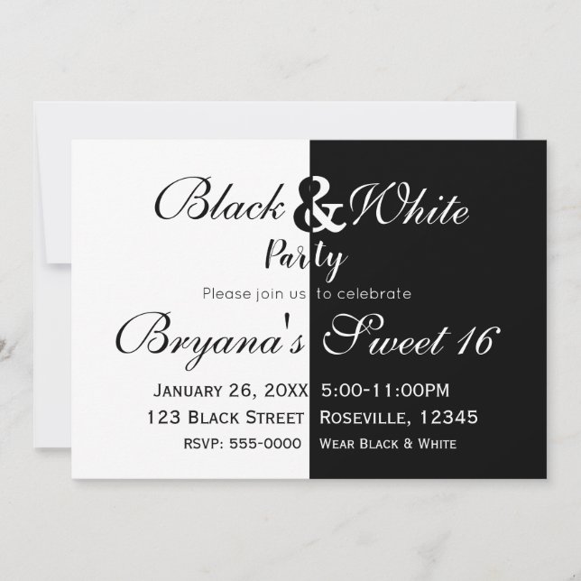 Invitation Fête d'anniversaire élégante moitié noir et blanc (Devant)