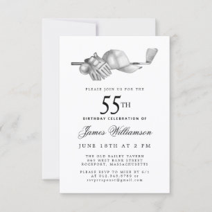 Invitation Fête d'anniversaire élégante noir blanc Golf 55 an