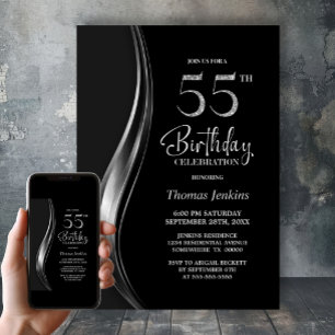Invitation Fête d'anniversaire élégante noire et argentée pou