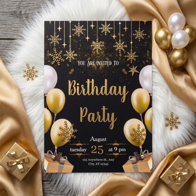 Invitation Fête d'anniversaire élégante noire et or (Créateur téléchargé)