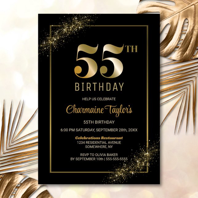 Invitation Fête d'anniversaire élégante noire et or 55 ans (Créateur téléchargé)