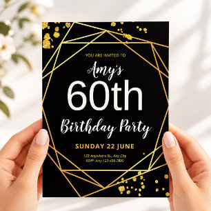 Invitation Fête d'anniversaire élégante noire et or pour 60 a