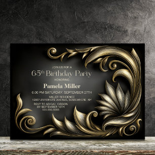 Invitation Fête d'anniversaire élégante noire et or pour 65 a