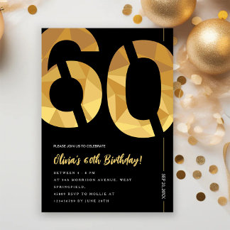 Invitation Fête d'anniversaire élégante noire et or pour les