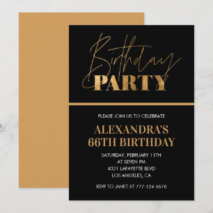 Invitation Fête d'anniversaire élégante noire et or script 66