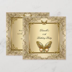 Invitation Fête d'anniversaire élégante Papillon doré beige