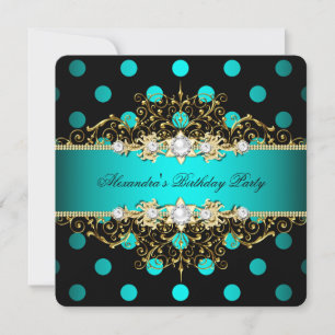 Invitation Fête d'anniversaire élégante pois noirs sarcelle o