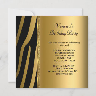 Invitation Fête d'anniversaire élégante rayure zèbre or noir