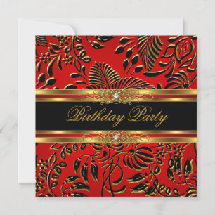 Invitation Fête d'anniversaire élégante rouge noir or Damas