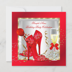 Invitation Fête d'anniversaire élégante rouge or paillettes b