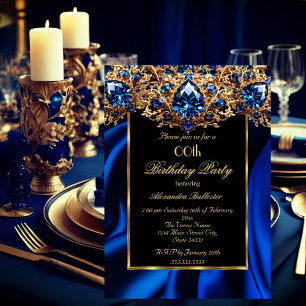 Invitation Fête d'anniversaire élégante Soie Bleu royal joyau