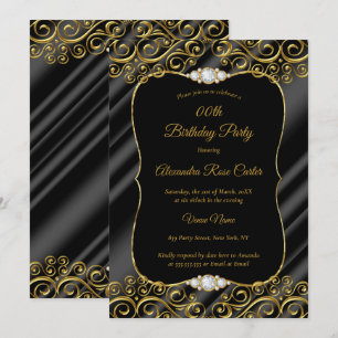 Invitation Fête d'anniversaire élégante soie or diamant noir