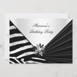 Invitation Fête d'anniversaire élégante Zèbre Bijou Noir