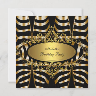 Invitation Fête d'anniversaire élégante Zèbre sauvage or noir