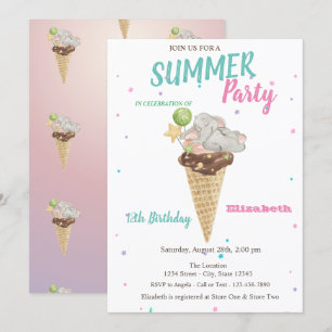 Invitation Fête d'anniversaire éléphant bébé glace à l'aquare