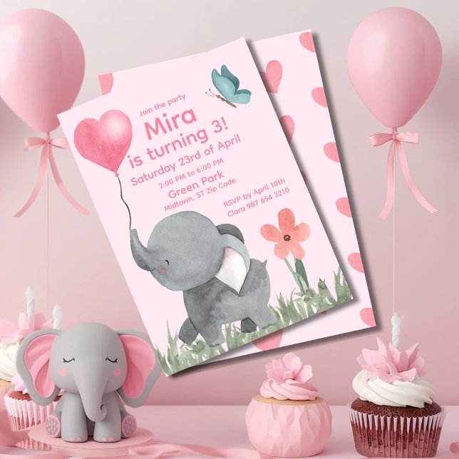 Invitation Fête d'anniversaire éléphant mignon avec ballon  (Créateur téléchargé)