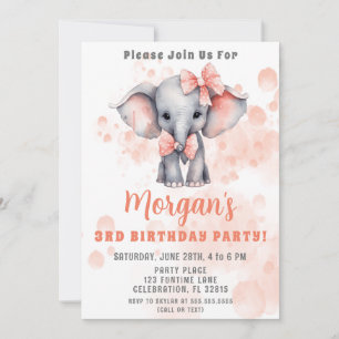 Invitation Fête d'anniversaire éléphant mignon pêche