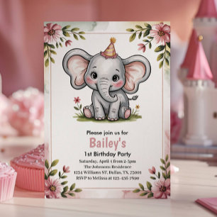 Invitation Fête d'anniversaire éléphant rose mignon pour enfa