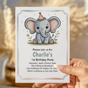 Invitation Fête d'anniversaire éléphant vert mignon pour enfa