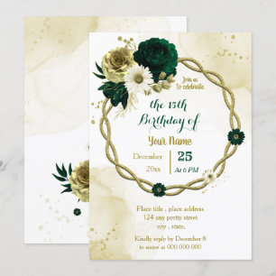 Invitation Fête d'anniversaire Emerald green ivoire or wreath