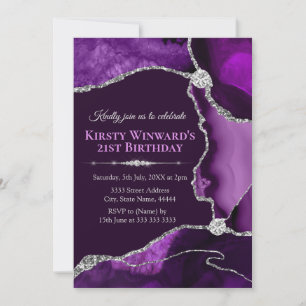 Invitation Fête d'anniversaire en agate violet et paillettes 