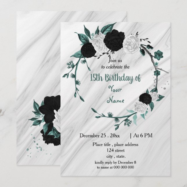 Invitation Fête d'anniversaire en blanc turquoise bleu noir (Devant / Derrière)