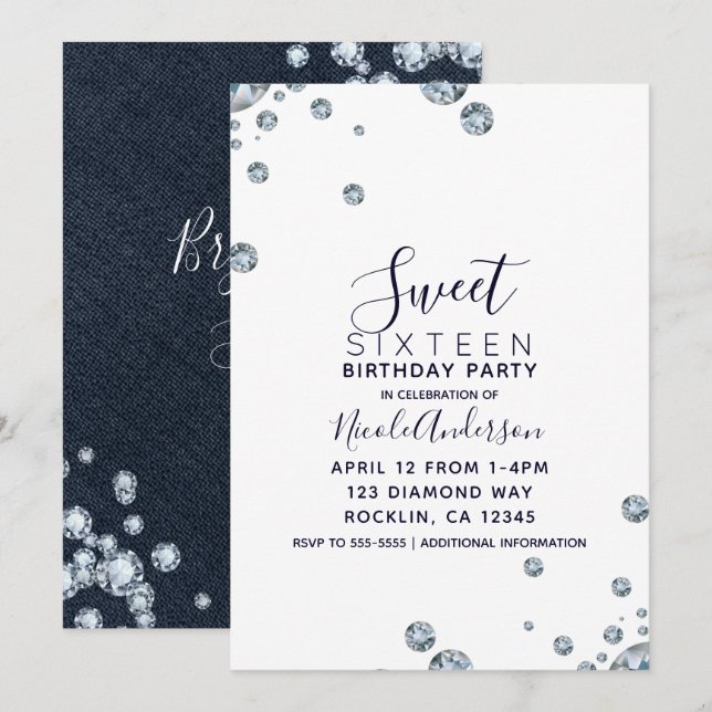 Invitation Fête d'anniversaire en denim et diamants Sweet 16 (Devant / Derrière)