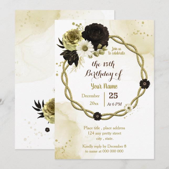 Invitation fête d'anniversaire en ivoire brun or fleuri (Devant / Derrière)
