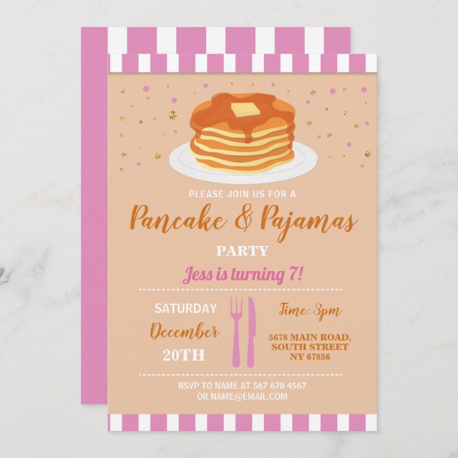 Invitation Fête d'anniversaire en pyjama avec des pancakes (Devant / Derrière)