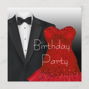 Invitation Fête d'anniversaire en smoking noir et robe rouge