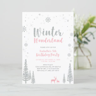 Invitation Fête d'anniversaire enfant Hiver Merveilleux Rose 