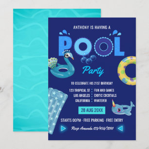 Invitation Fête d'anniversaire estivale piscine Bleu Royal