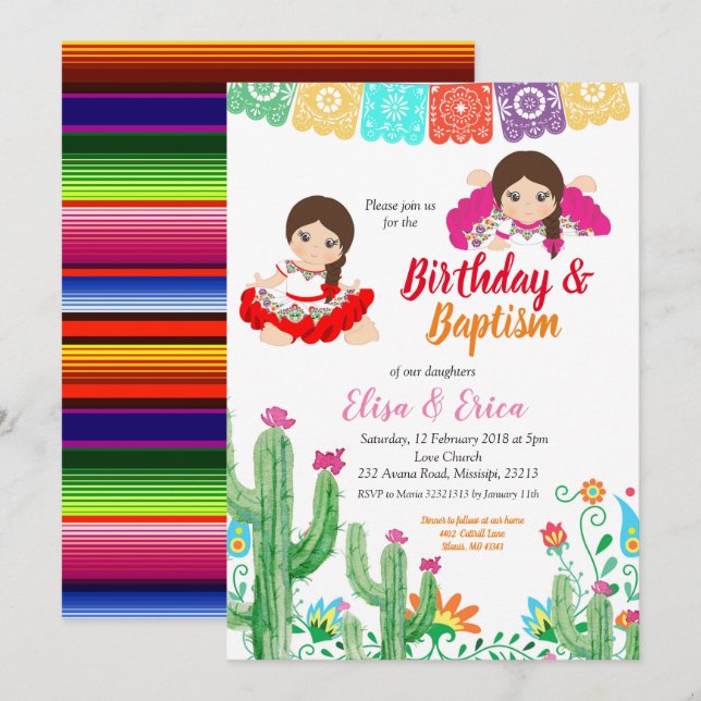 Invitation Fête d'anniversaire et baptême pour les jumelles (Devant / Derrière)