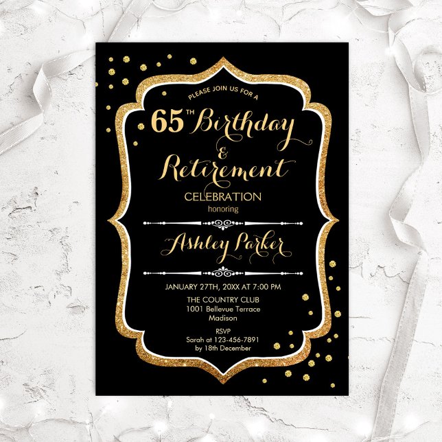 Invitation Fête d'anniversaire et de retraite - Or noir (Créateur téléchargé)