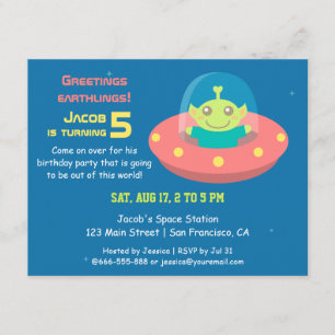 Invitation Fête d'anniversaire étrangère mignonne d'espace
