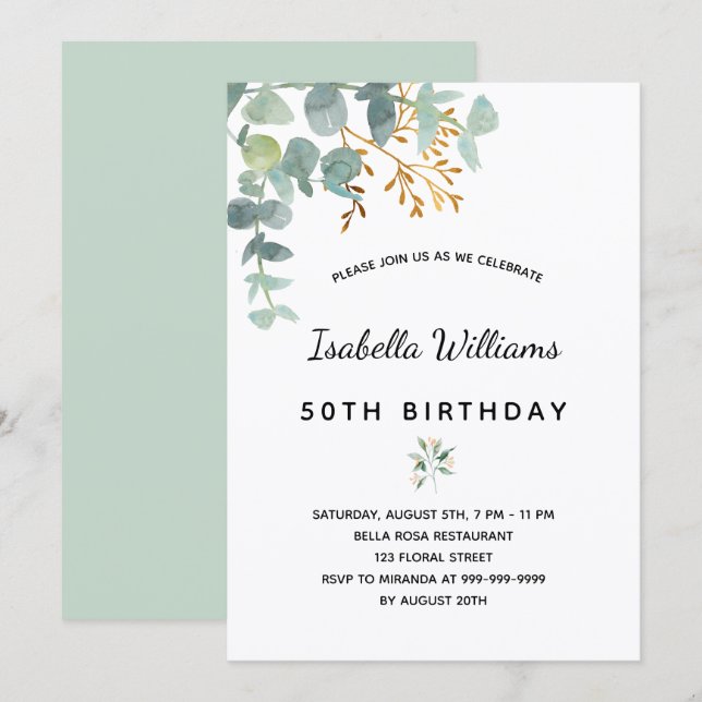 Invitation fête d'anniversaire eucalyptus blanc or vert éléga (Devant / Derrière)