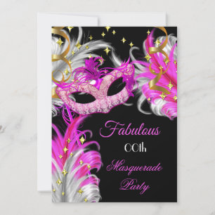 Invitation Fête d'anniversaire fabuleuse masquée rose fuchsia