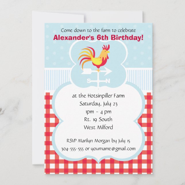 Invitation Fête d'anniversaire faite sur commande de coq de (Devant)