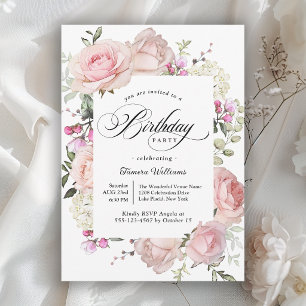 Invitation Fête d'anniversaire Féminine Calligraphie Florale 