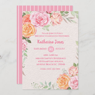Invitation Fête d'anniversaire féminine rose et crème