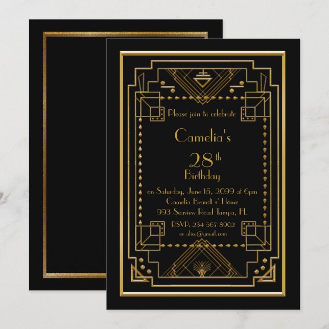 Invitation fête d'anniversaire femme, grand Gatsby (Devant / Derrière)