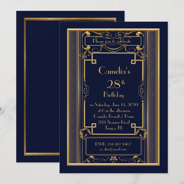 Invitation fête d'anniversaire femme, grand Gatsby (Devant / Derrière)