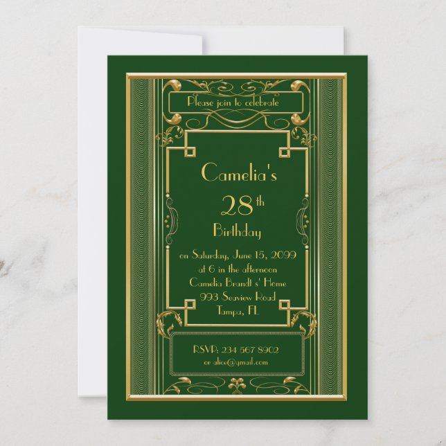 Invitation fête d'anniversaire femme, grand Gatsby (Devant)