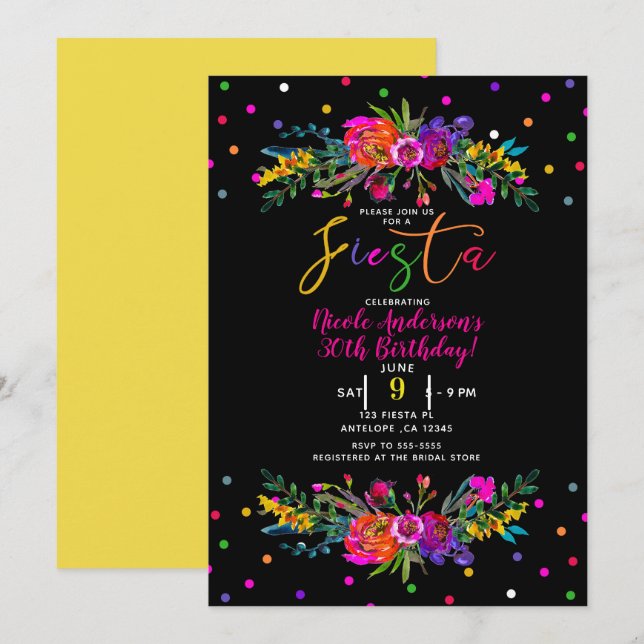 Invitation Fête d'anniversaire Fête Florale Moderne & Noire (Devant / Derrière)