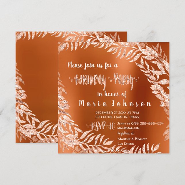 Invitation Fête d'anniversaire feuille Parties scintillant Ro (Devant / Derrière)