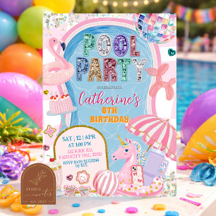 Invitation Fête d'anniversaire fille à la piscine paillettes