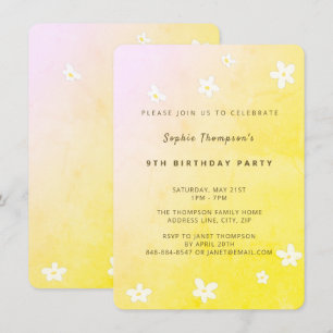 Invitation Fête d'anniversaire fille aquarelle jaune rose mar