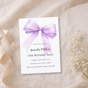 Invitation Fête d'anniversaire fille coquette ruban lavande