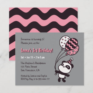 Invitation Fête d'anniversaire fille Panda mignon et ballons